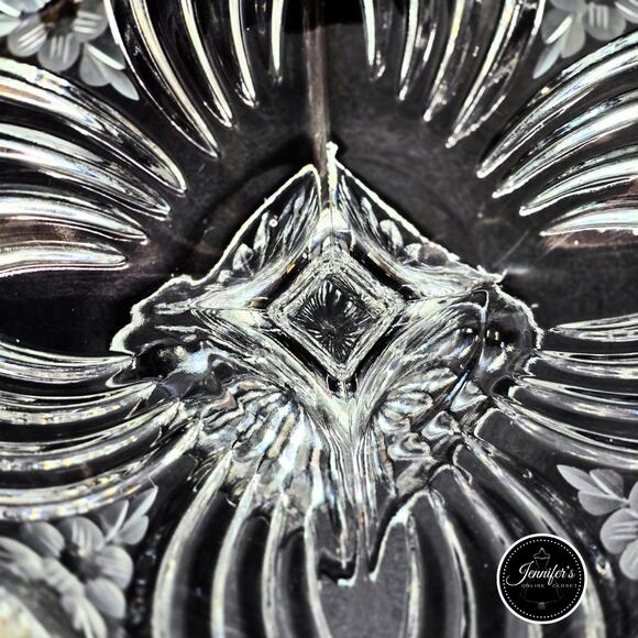 Vintage Hand Cut Frosted Etched Floral Crystal Square Pedestal Compote Dish - Picture 13 of 16